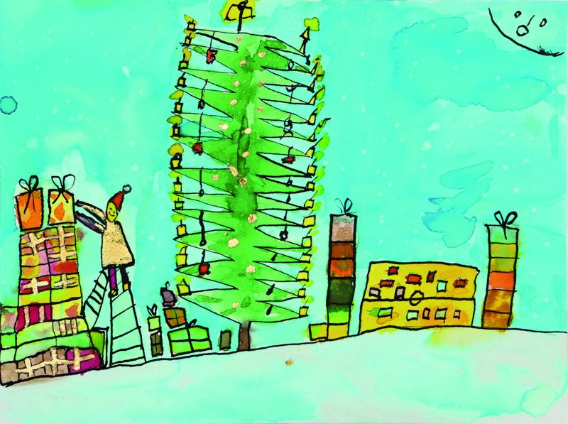 "Wir warten aufs Christkind" von Holger Hauf: Ein geschmückter Weihnachtsbaum und viele aufgestapelte Geschenke warten aufs Christkindn