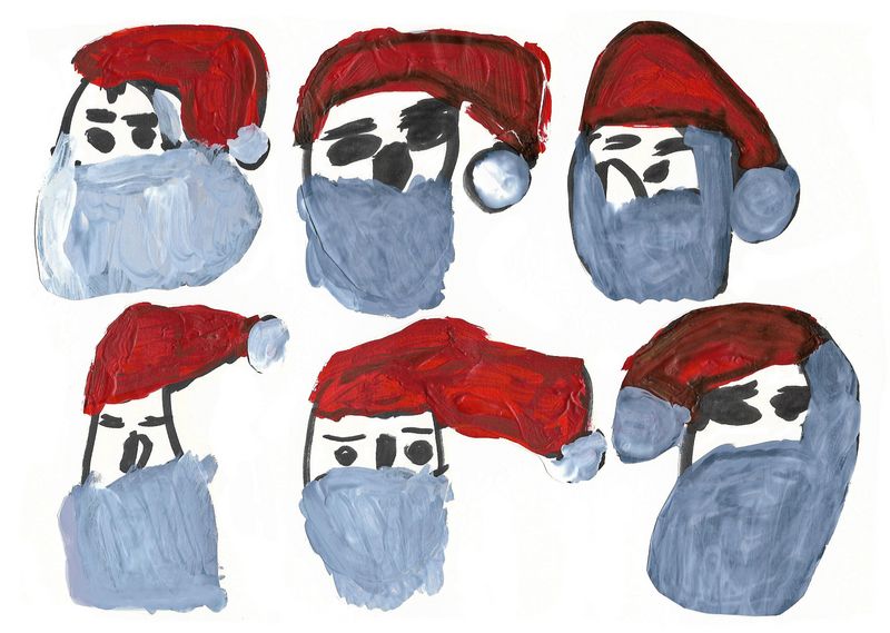 "6 Weihnachtsmänner" von Michael Flamm: 6 verschiedene Gesichter von Weihnachtsmänner mit einem Mund-Nasen-Schutz bedeckt