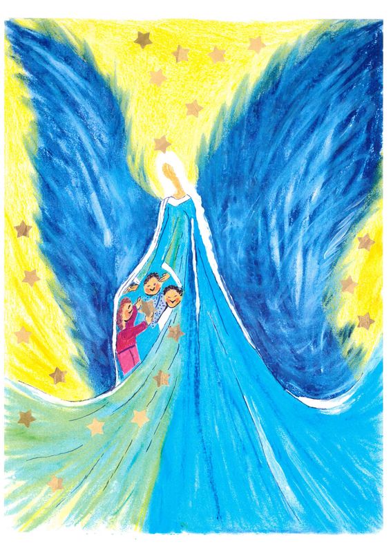 3 Kinder, eingehüllt von einem Engel, halten singend einen Stern in der Hand, der zum Sternenhimmel zeigt